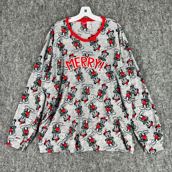 Disney Mickey Mouse Women Pajama Top XXL Gray Long Sleeve Fleece Merry Christmas - Picture 1 of 7
